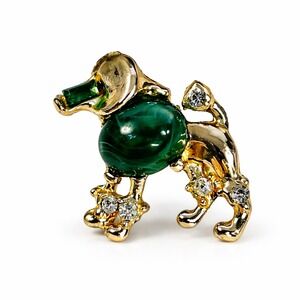Vtg Gold Tone Poodle Brooch Pin Green Malachite Style Stone Rhinestone Accents